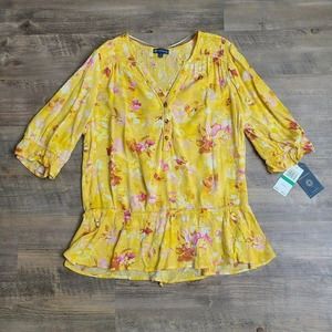 NWT Democracy Tunic Blouse Size L Yellow Floral 3/4 Sleeve Peasant Spring